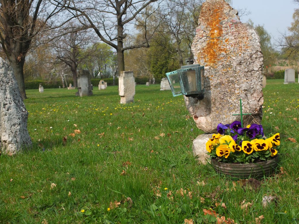 Eine Schale mit Blumen vor einem verwitterten Grabstein